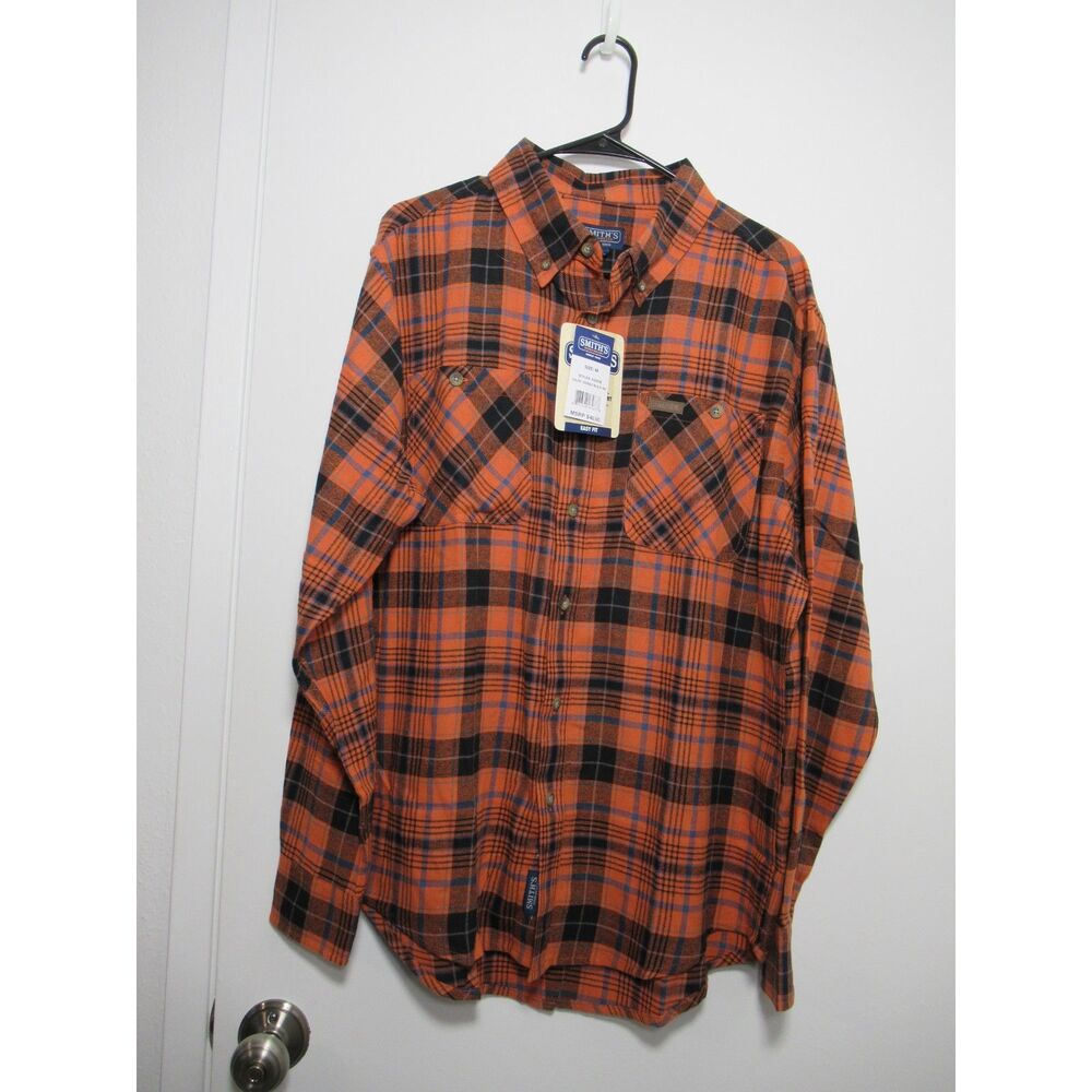 Smith’s Workwear Orange & Navy 2-Pocket Flannel Button-Down Shirt Size M NWT